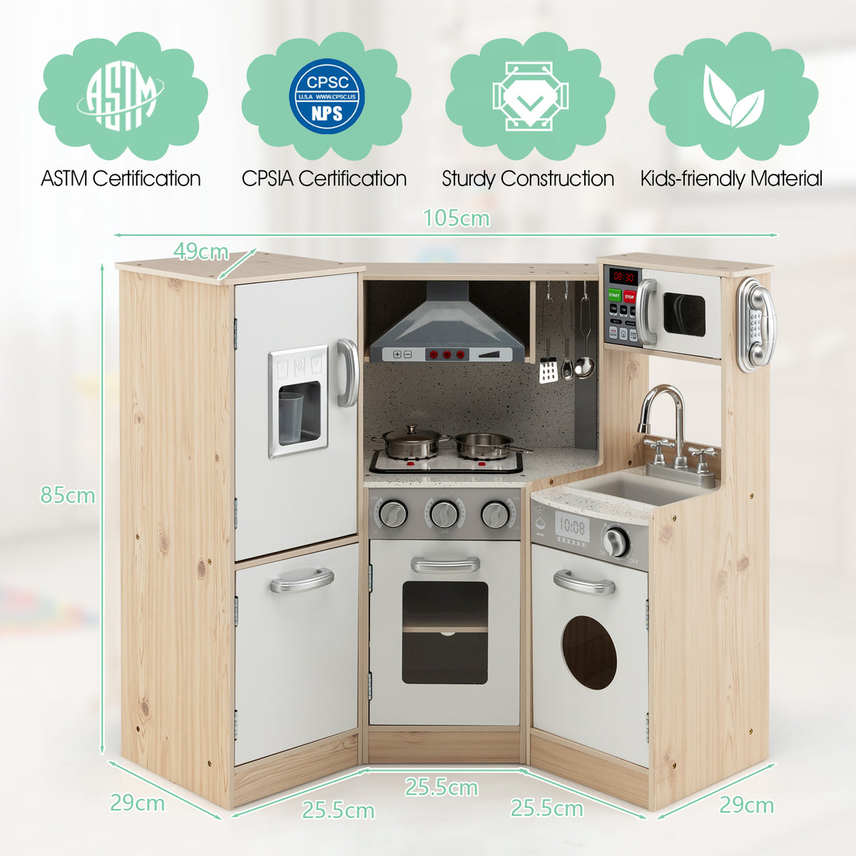 A diagram showing the dimensions of the wooden play kitchen set with measurements in cm