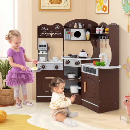 Two young children playing with the wooden play kitchen in a room