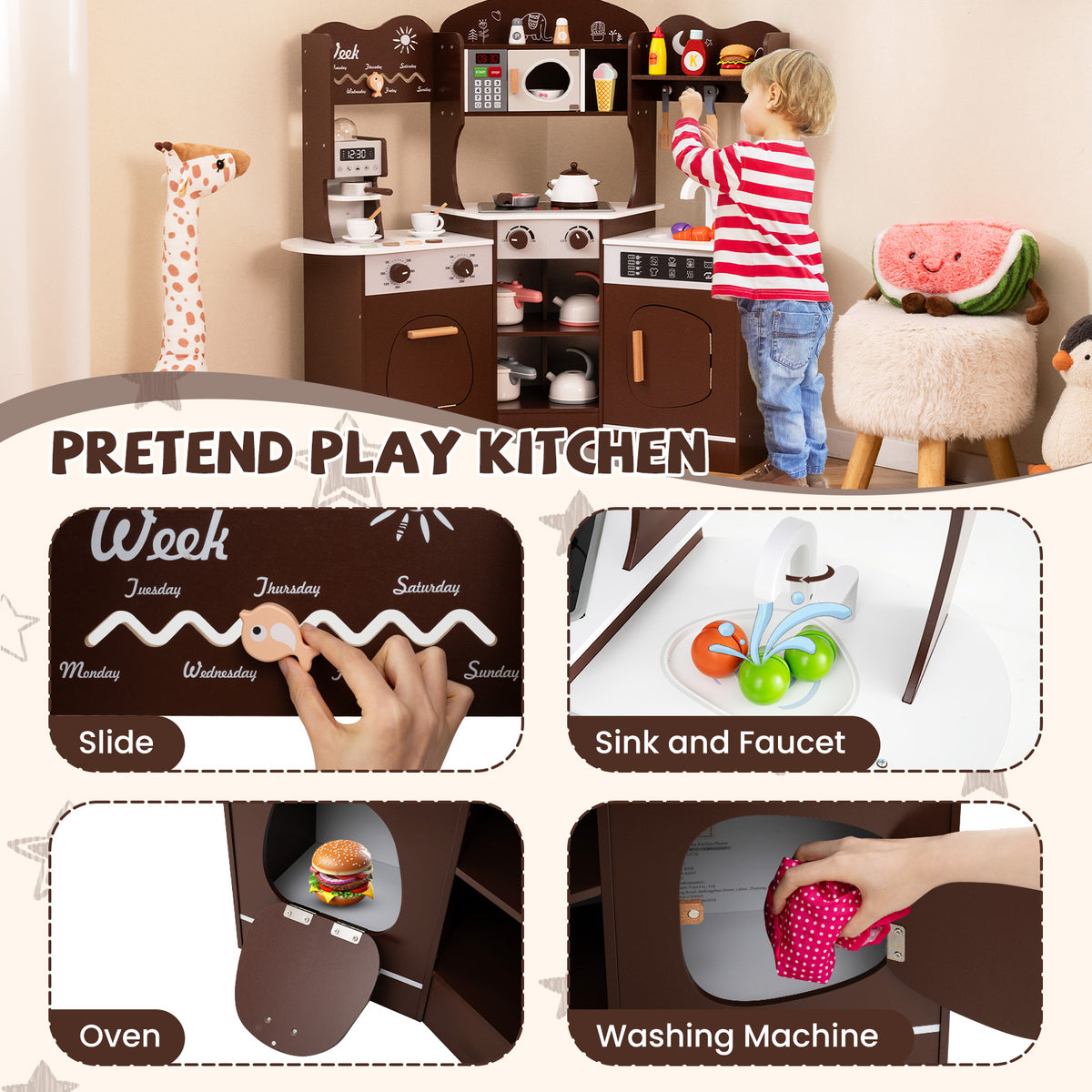 Four close-up views of the wooden play kitchen: slide, sink, oven and washing machine