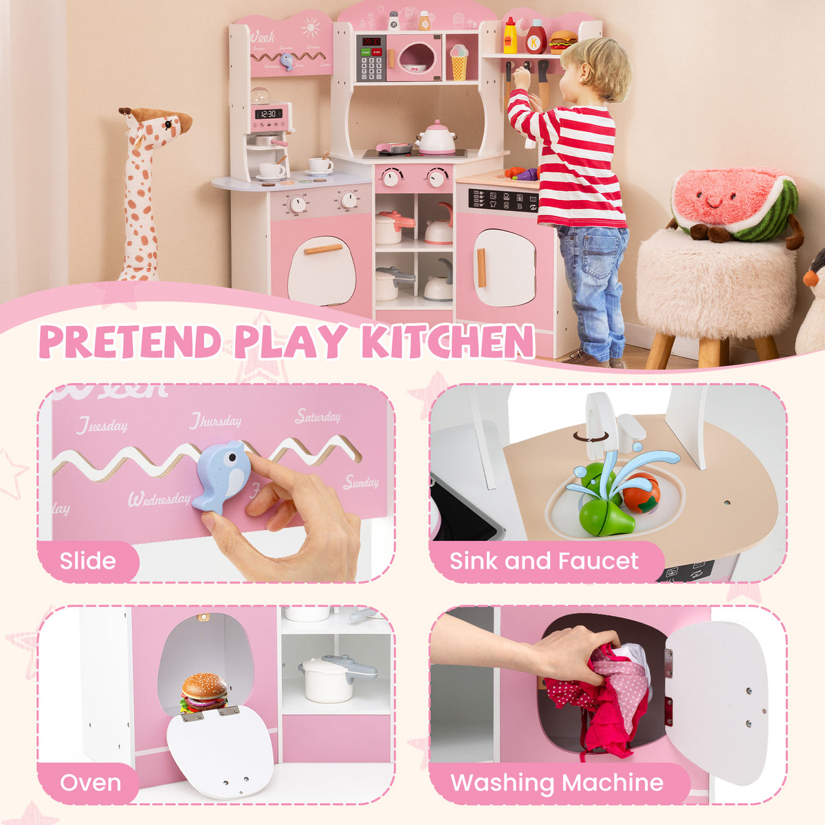 Close-ups of the play kitchen's slide, sink, oven and washing machine