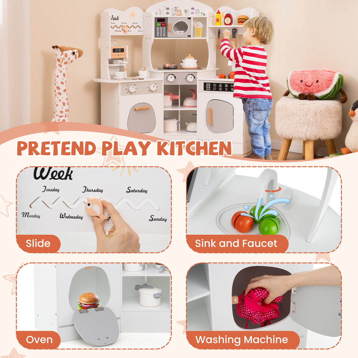 The play kitchen set showing close-up details of the slide, sink, oven and washing machine