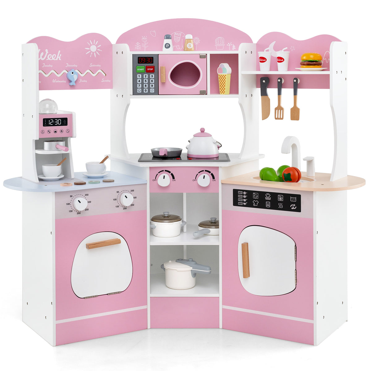 Kids Corner Wooden Play Kitchen with coffee machine, slide and microwave in pink