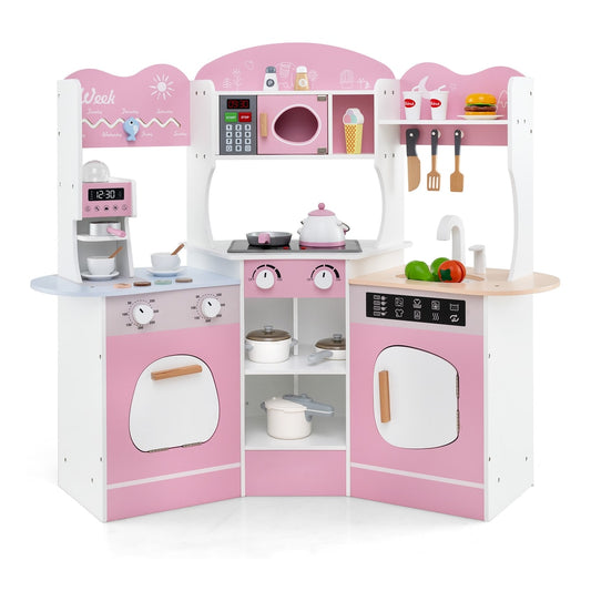 Kids Corner Wooden Play Kitchen with coffee machine, slide and microwave in pink
