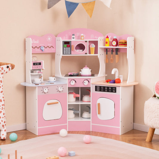 The pink play kitchen set with a coffee machine, microwave and oven