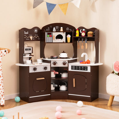 The wooden play kitchen with coffee machine, slide and microwave, shown with accessories
