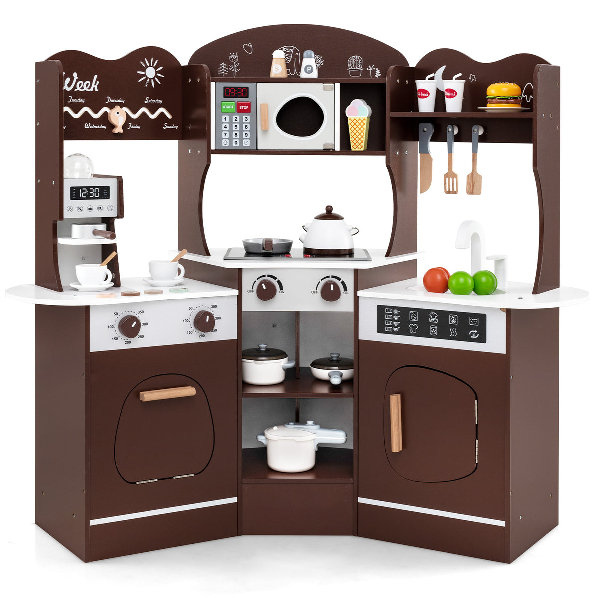 Kids Corner Wooden Play Kitchen with coffee machine, slide and microwave in brown