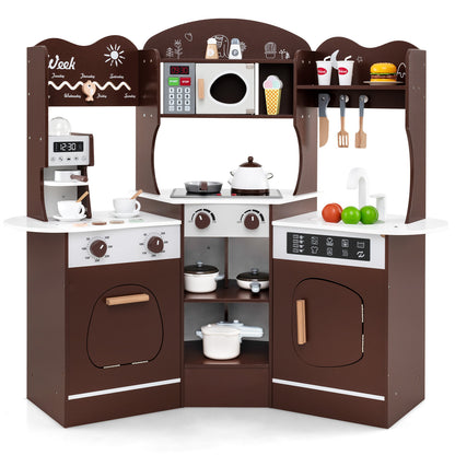 Kids Corner Wooden Play Kitchen with coffee machine, slide and microwave in brown