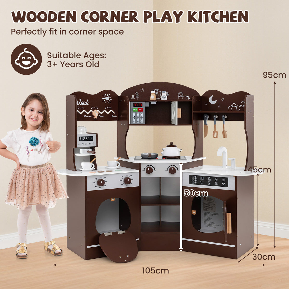 A child standing next to the wooden play kitchen showing its dimensions