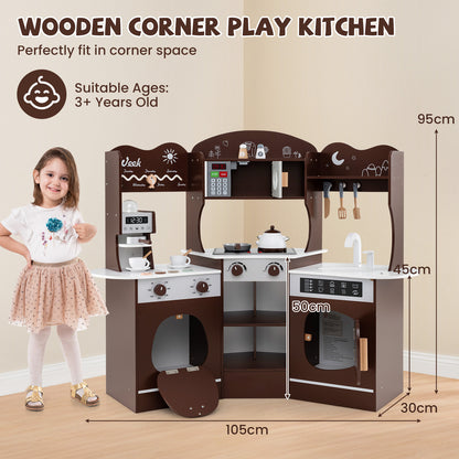 A child standing next to the wooden play kitchen showing its dimensions
