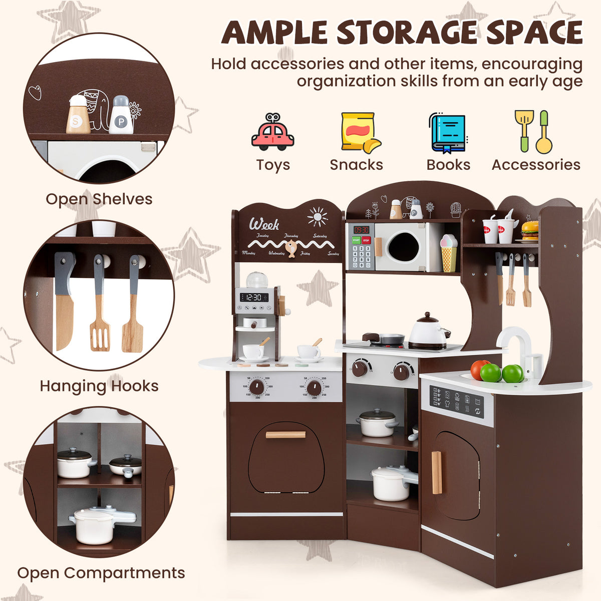 The wooden play kitchen with open shelves, hanging hooks and open compartments
