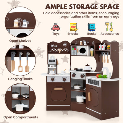 The wooden play kitchen with open shelves, hanging hooks and open compartments