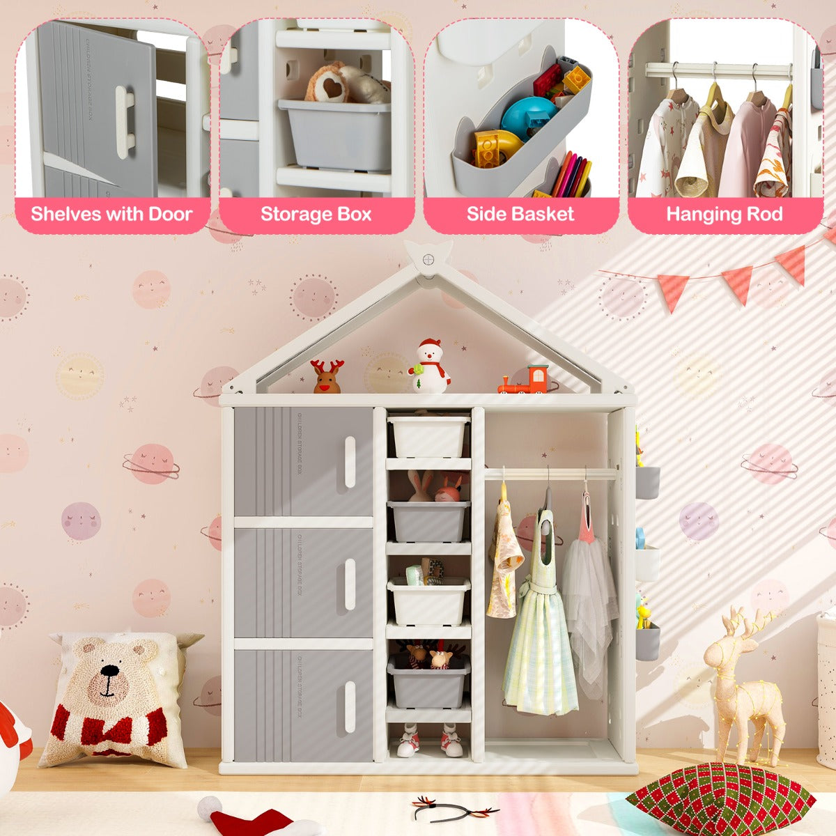 Close up of the kids storage closet showing shelves, side baskets and hanging rod