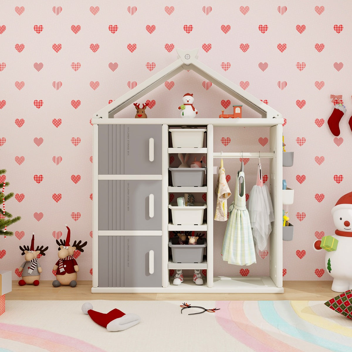 The kids storage unit is shown in a child's bedroom with toys and clothes inside