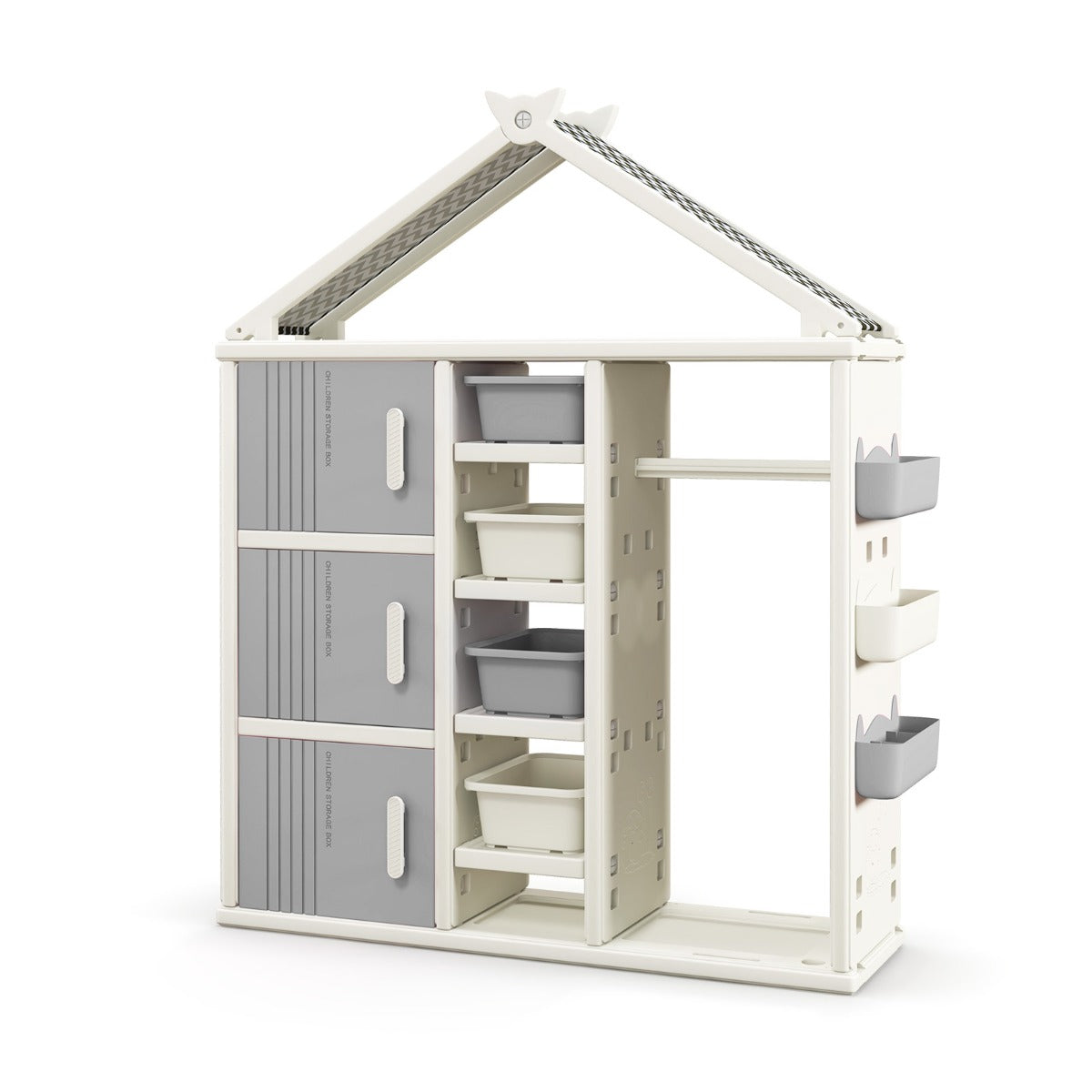 Kids Costume Storage Closet with Storage Bin-Grey, a grey and white house-shaped unit with shelves, drawers and hanging space