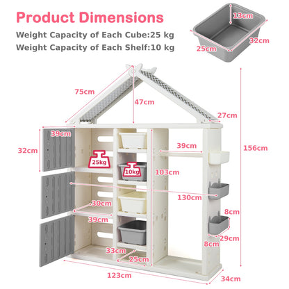 Dimensions diagram for the kids storage unit showing measurements and weight capacity