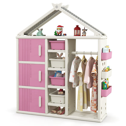 The kids storage unit fully organised with hanging clothes and toys on the shelves