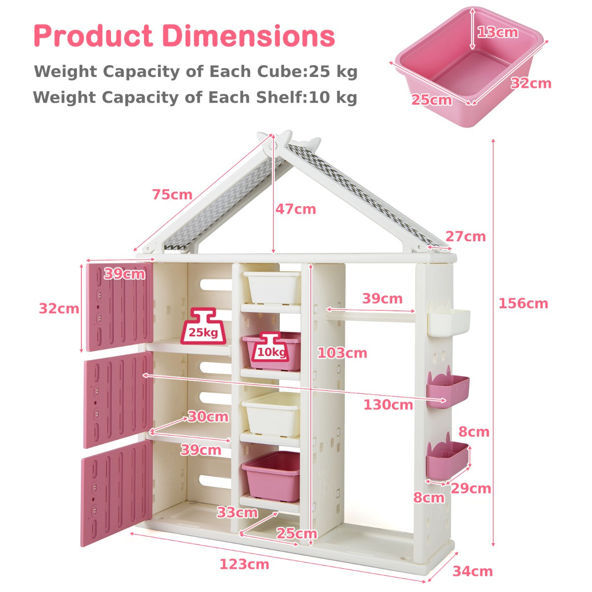 A diagram of the kids storage unit showing all dimensions and weight capacities