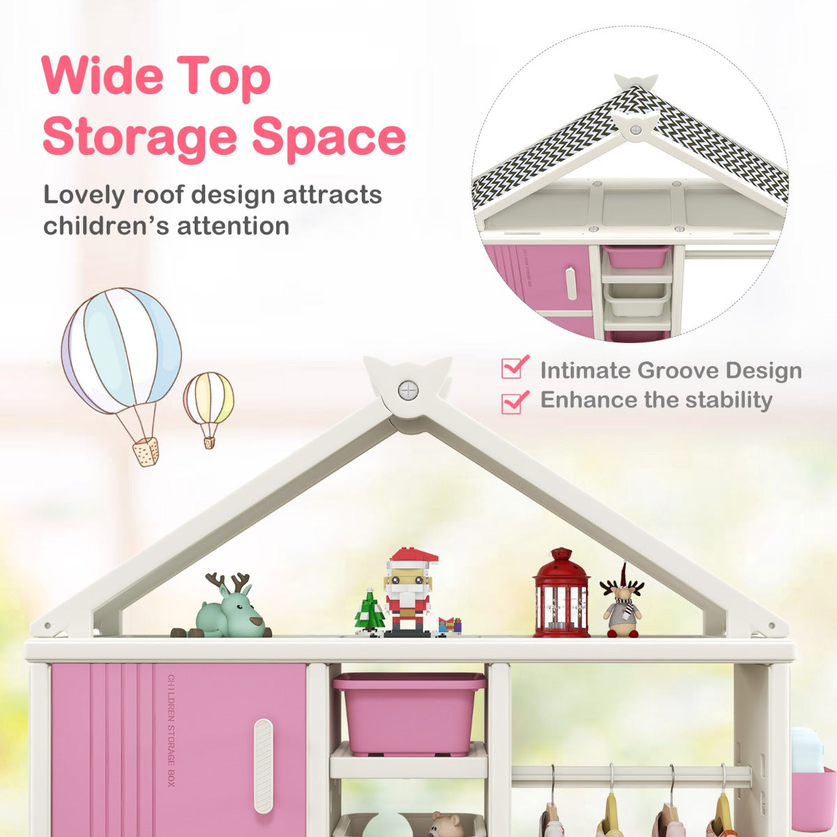 The top roof area of the kids storage unit decorated with various small toys