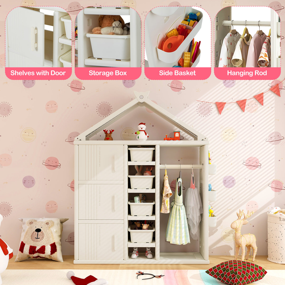 Close up of the kids storage closet showing shelves, baskets and hanging rod