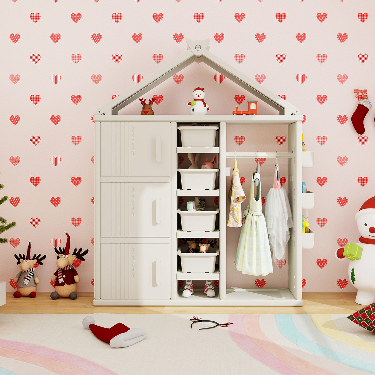 The kids storage closet filled with toys and costumes in a decorated room