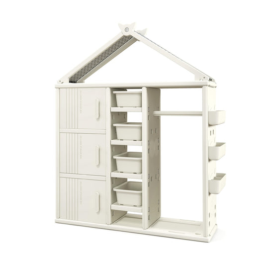 Kids Costume Storage Closet with Storage Bin, a white house-shaped unit with three doors, shelves, and hanging space