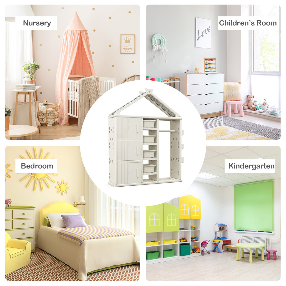 The kids storage closet shown in different room settings