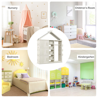 The kids storage closet shown in different room settings