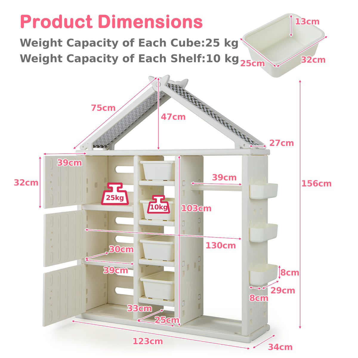 Kids storage closet dimensions and weight capacity diagram