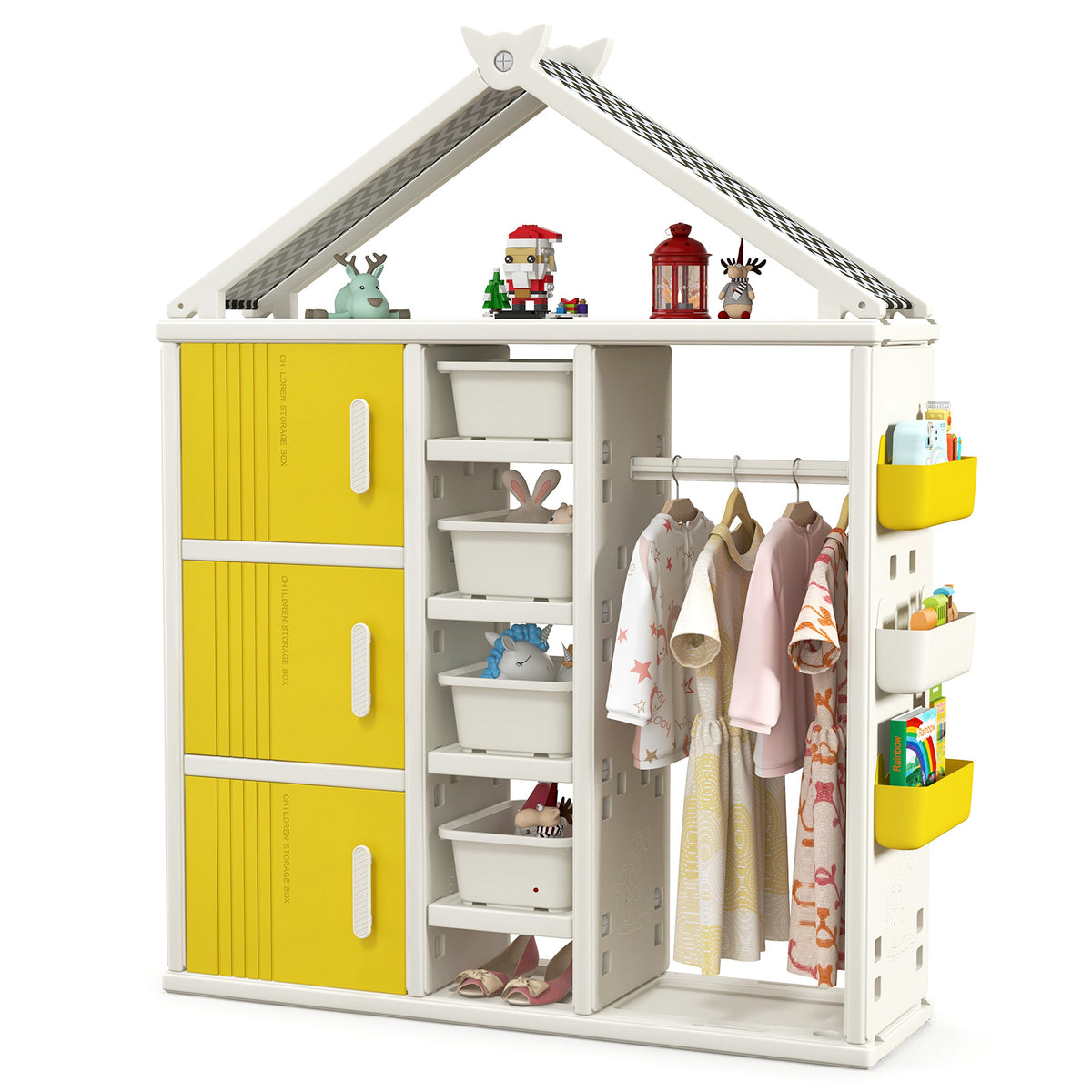 The kids storage unit filled with hanging clothes, toys and accessories on the side baskets