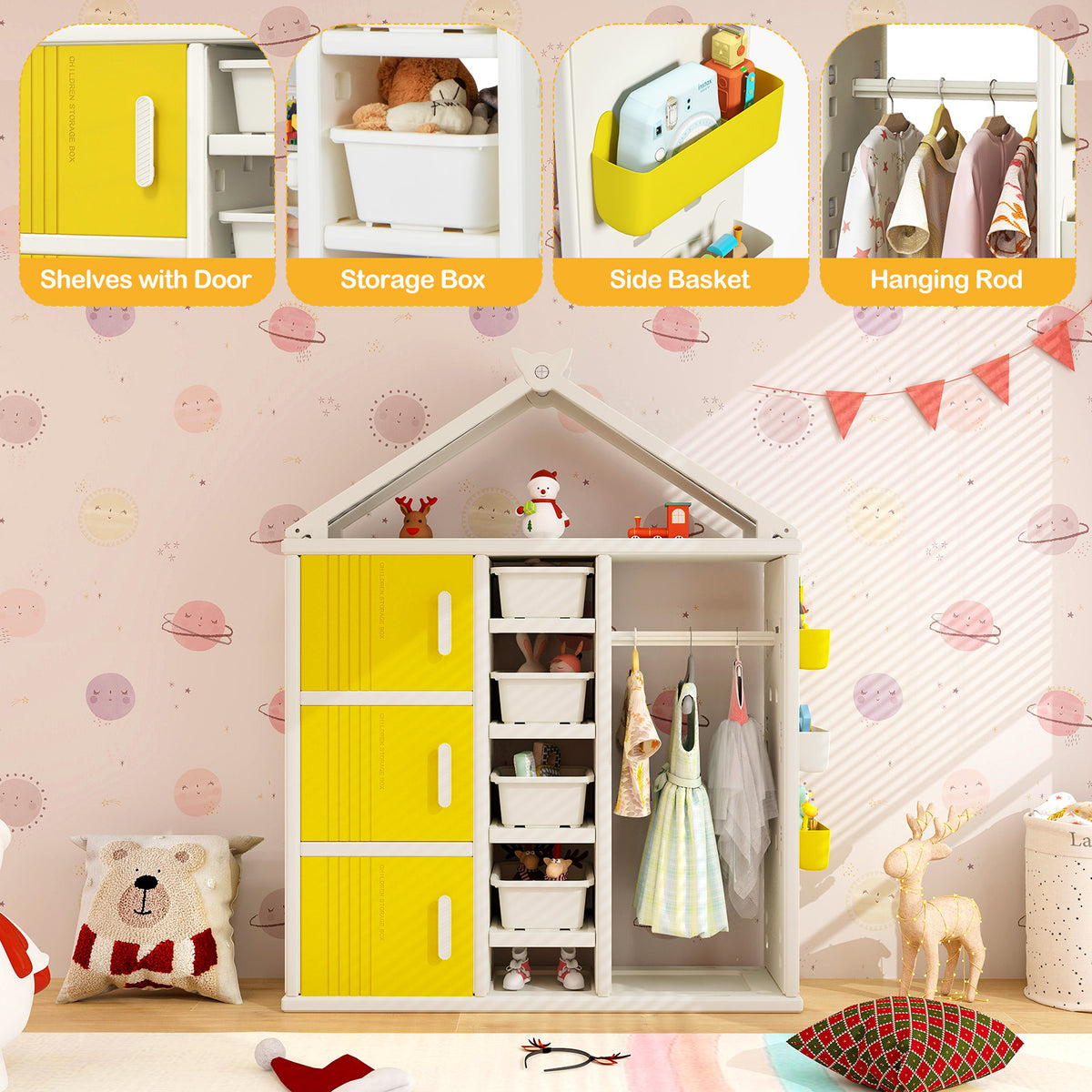 The kids storage unit showing detailed close-ups of the shelves, bins, baskets and hanging rod