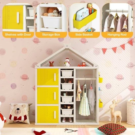 The kids storage unit showing detailed close-ups of the shelves, bins, baskets and hanging rod