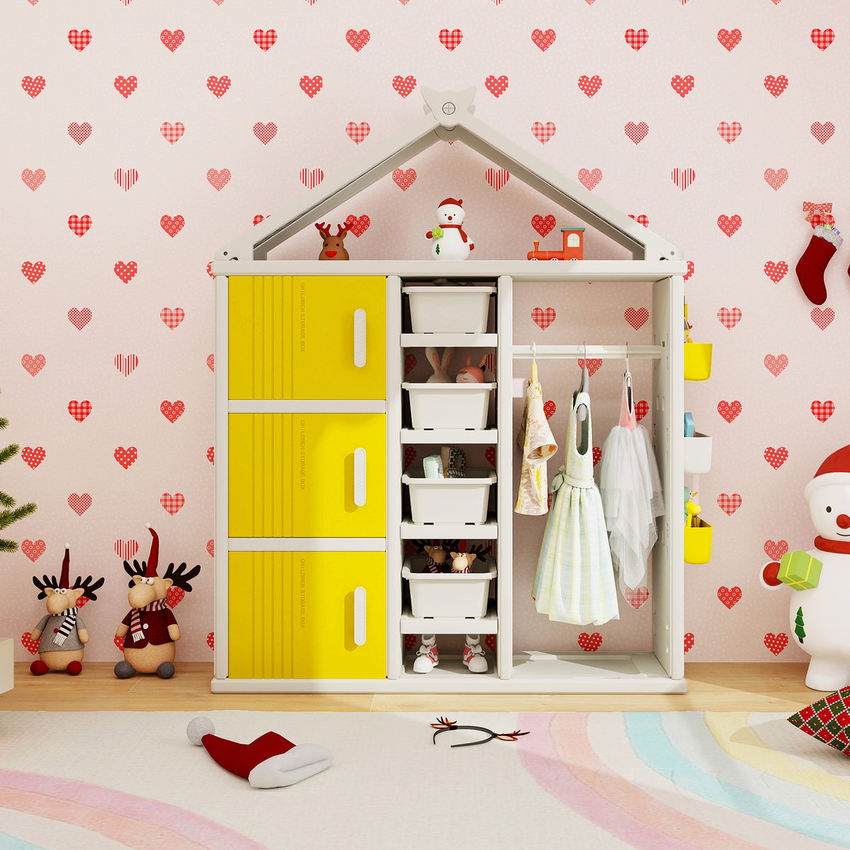 The kids storage unit in a room with heart wallpaper and various toys placed on the shelves
