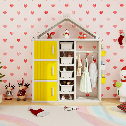 The kids storage unit in a room with heart wallpaper and various toys placed on the shelves