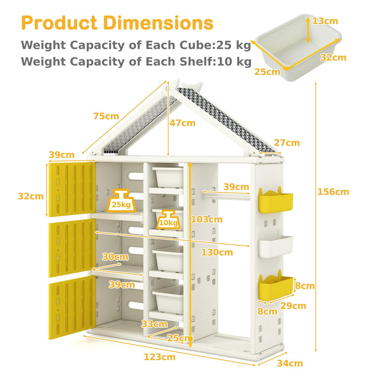 The kids storage unit with technical lines and labels showing the dimensions of the furniture