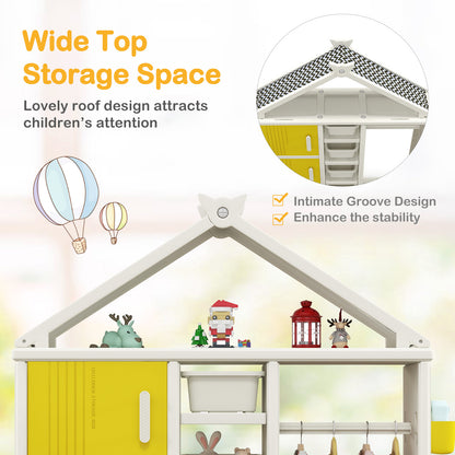 The kids storage unit showing the roof design and top shelf space for displaying small toys