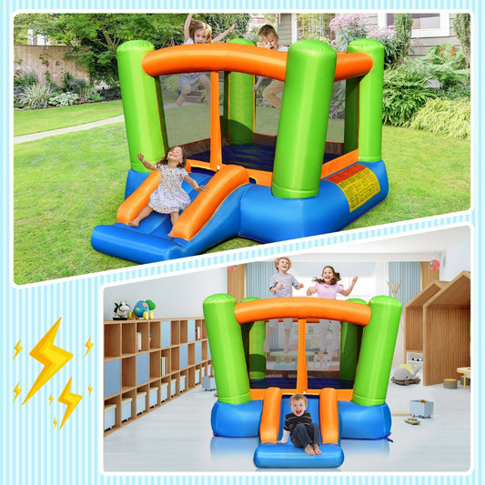 Children playing on the bouncy castle in a garden and indoors