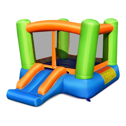 Kids Cute Castle with Slide and Carrying Bag, a blue, orange and green inflatable bouncy castle with a slide