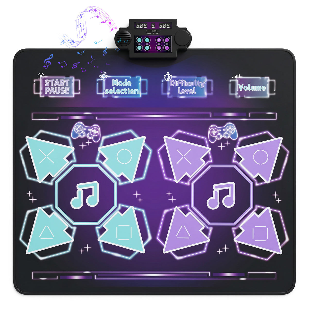 Close up of the electronic playmat controls showing mode selection and volume