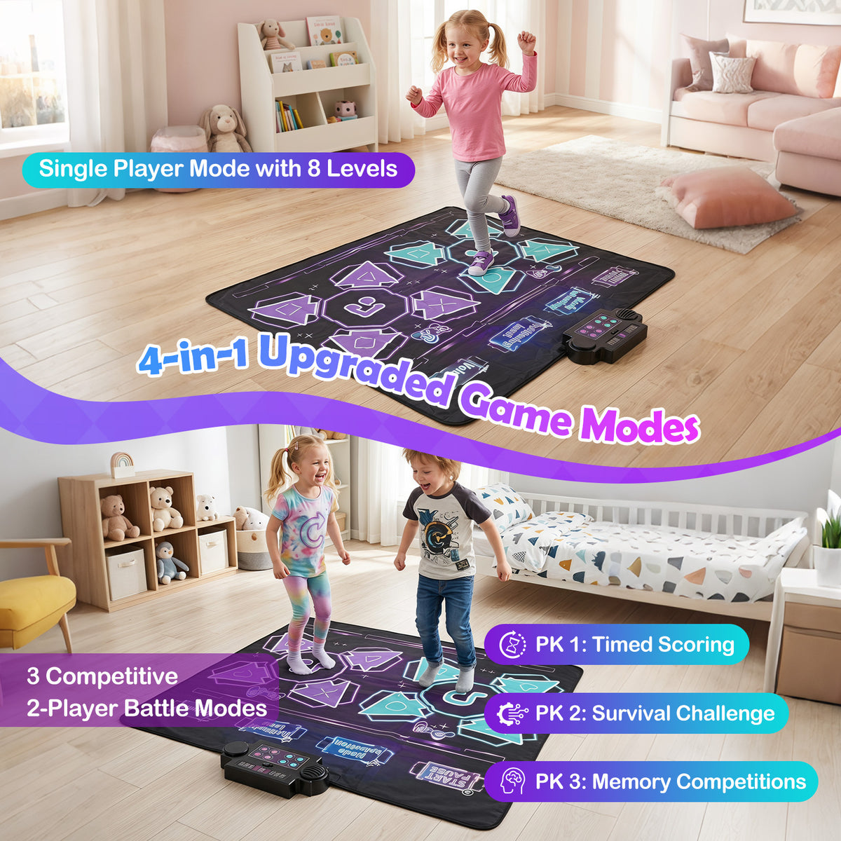 A large interactive floor mat game is shown in a bright children's room with two young girls playing on it. The mat has a dark purple and black design with glowing neon-style path graphics and a small matching controller placed beside it.