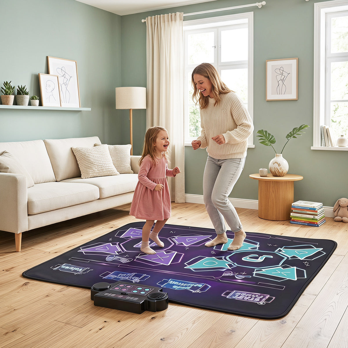 A young girl and her mother dancing on the electronic playmat in a living room