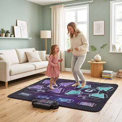 A young girl and her mother dancing on the electronic playmat in a living room