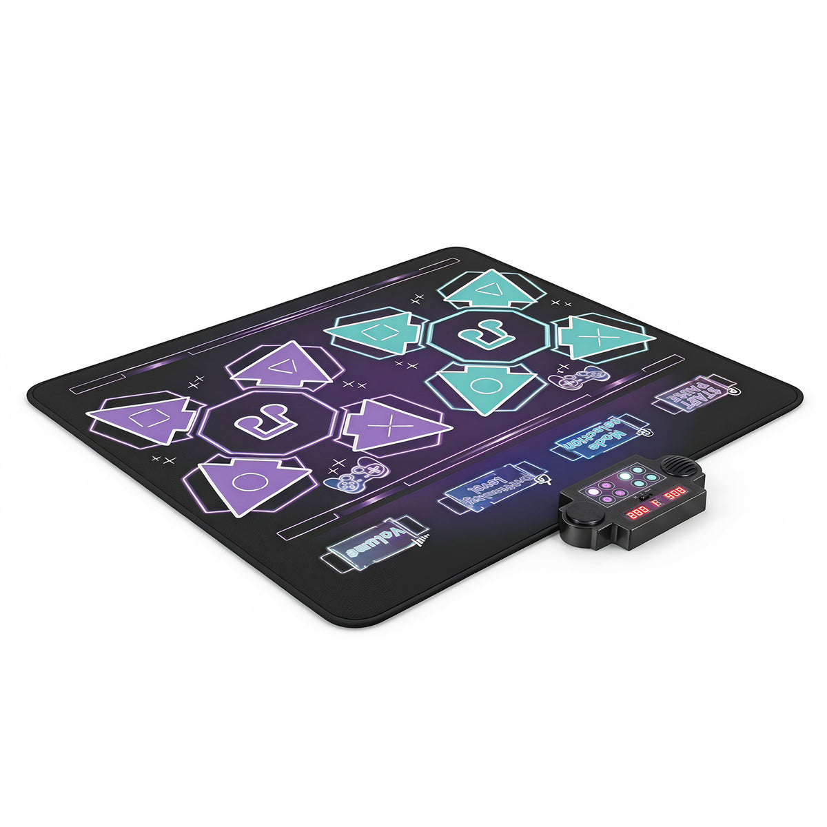 The electronic dance mat with illuminated buttons and game symbols