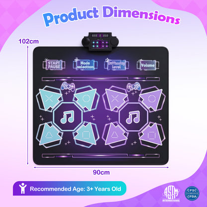 Product dimensions diagram for an electronic dance pad toy, showing a black rectangular dance pad with glowing multicolor icons and a small control unit above it. The graphic includes dimension labels of 102cm height and 90cm width, a recommended age banner of 3+ Years Old, and brand logos for CPVC and CPSIA at the bottom right.