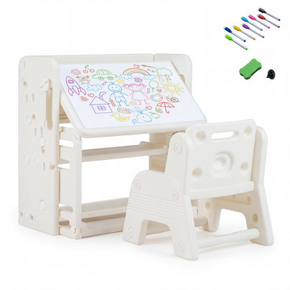 The kids table and chair set with a whiteboard top and colourful magnetic markers