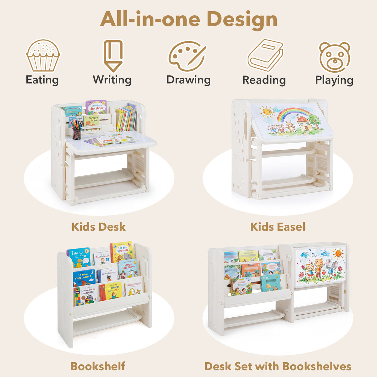 The kids table and chair set showing different configurations and uses for the furniture