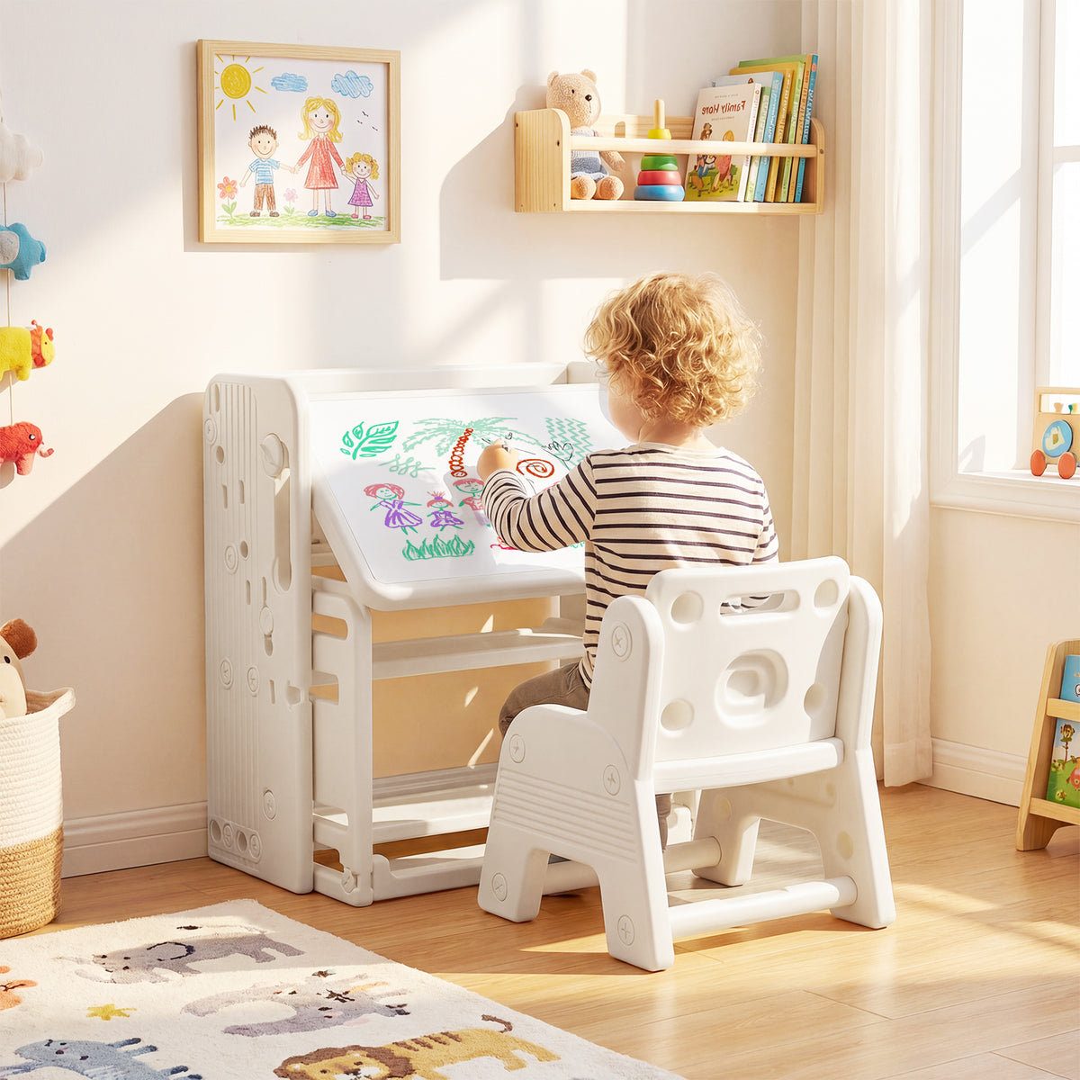 A child sitting at the kids table and chair set drawing on the raised whiteboard