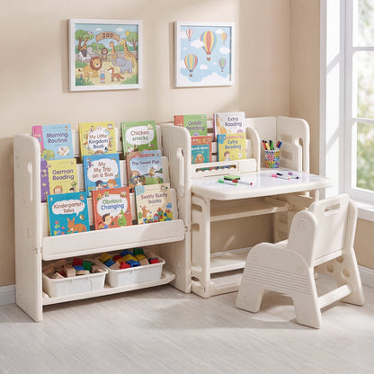 The kids table and chair set arranged in a bright playroom with books on the shelves