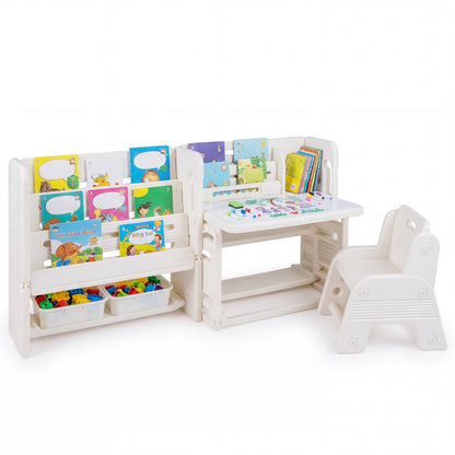 Kids Desk and Chair Set with side bookshelves and storage boxes on a white background