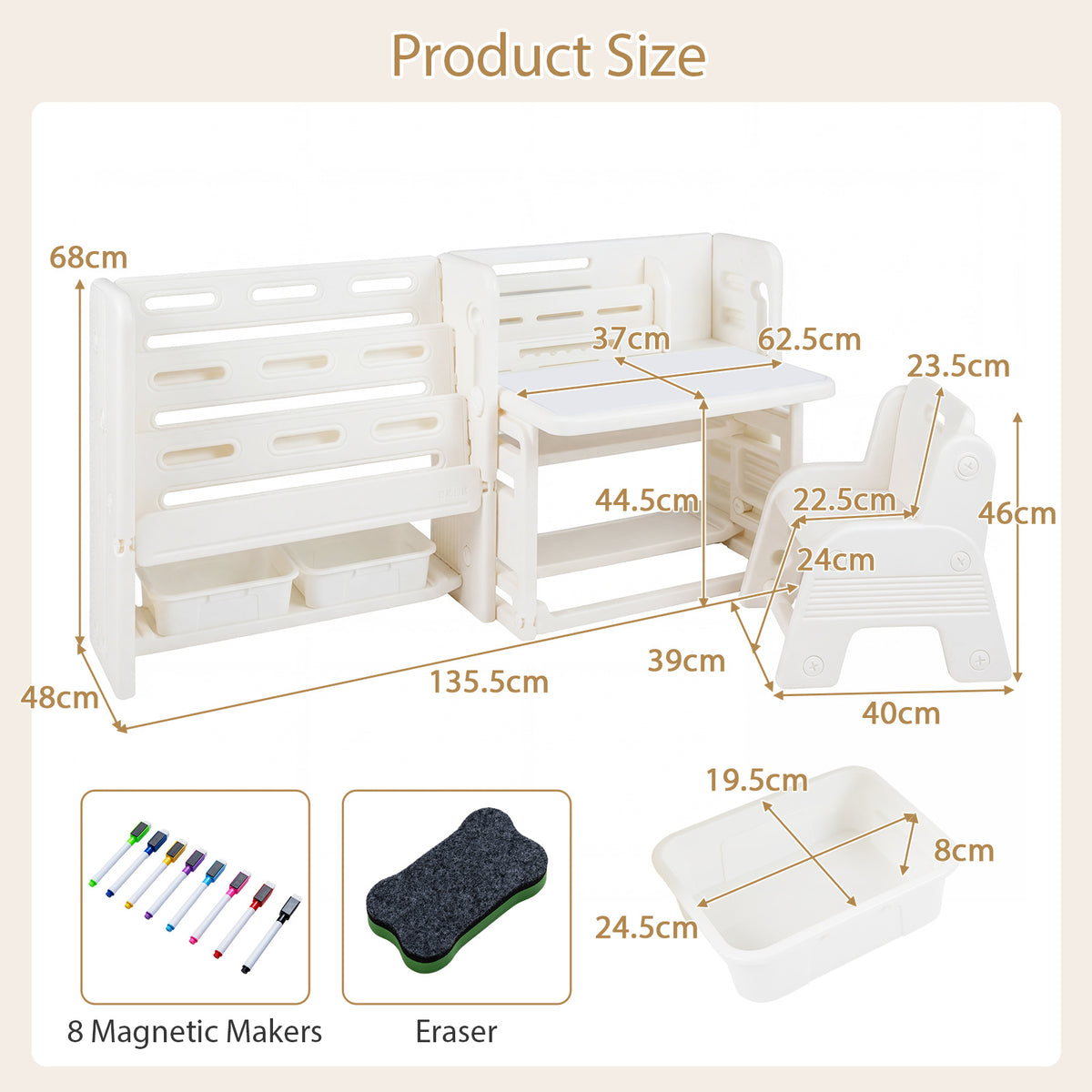 The kids table and chair set showing dimensions with markers and storage boxes