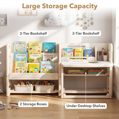 The kids table and chair set highlighting the storage capacity of the shelves and boxes